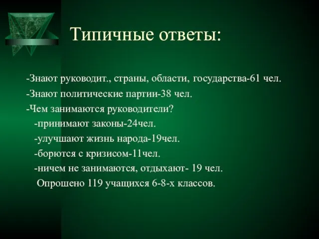 Типичные ответы: -Знают руководит., страны, области, государства-61 чел. -Знают политические партии-38