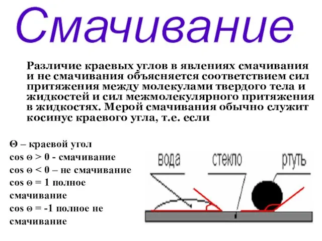 Смачивание Различие краевых углов в явлениях смачивания и не смачивания объясняется