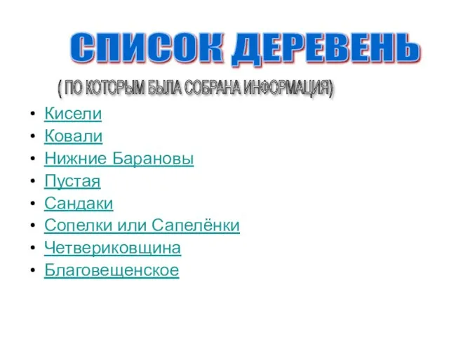 Кисели Ковали Нижние Барановы Пустая Сандаки Сопелки или Сапелёнки Четвериковщина Благовещенское