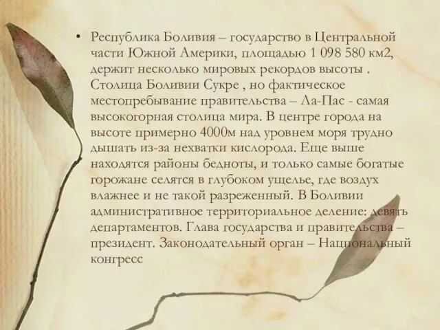 Республика Боливия – государство в Центральной части Южной Америки, площадью 1