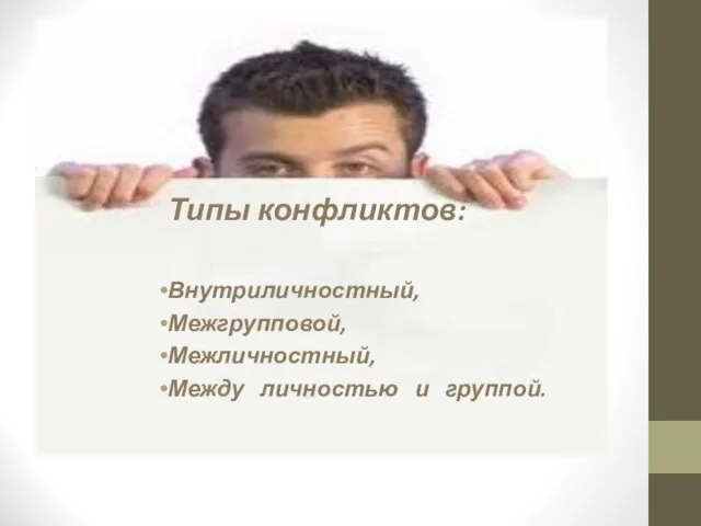 Типы конфликтов: Внутриличностный, Межгрупповой, Межличностный, Между личностью и группой.