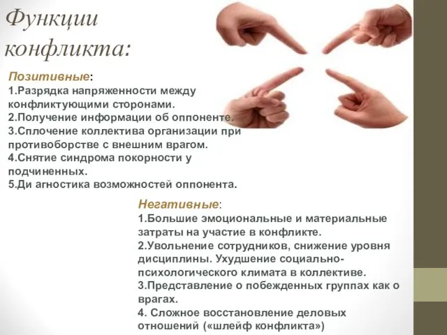 Функции конфликта: Позитивные: 1.Разрядка напряженности между конфликтующими сторонами. 2.Получение информации об