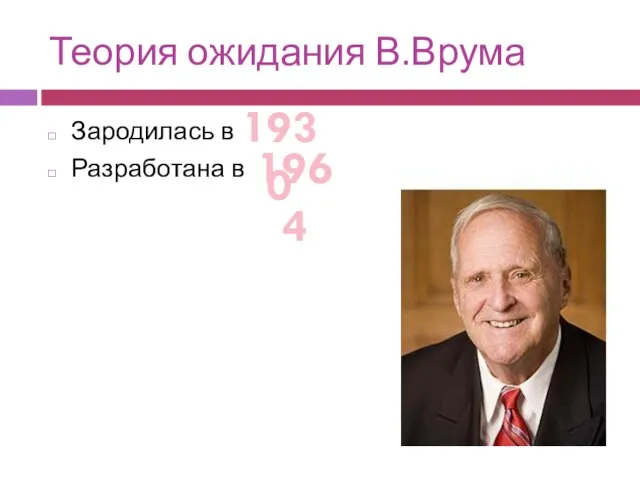 Теория ожидания В.Врума Зародилась в Разработана в 1930 1964