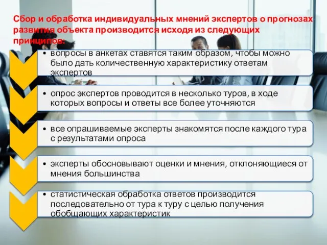 Сбор и обработка индивидуальных мнений экспертов о прогнозах развития объекта производится исходя из следующих принципов: