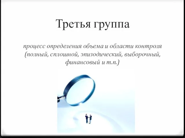 Третья группа процесс определения объема и области контроля (полный, сплошной, эпизодический, выборочный, финансовый и т.п.)