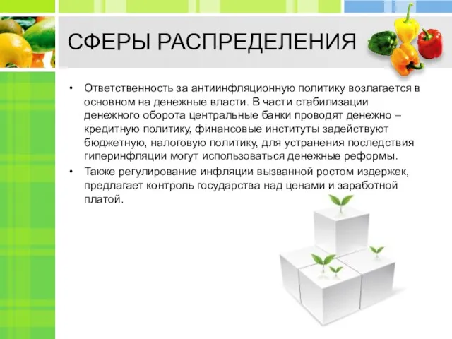 СФЕРЫ РАСПРЕДЕЛЕНИЯ Ответственность за антиинфляционную политику возлагается в основном на денежные