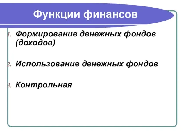 Функции финансов Формирование денежных фондов (доходов) Использование денежных фондов Контрольная