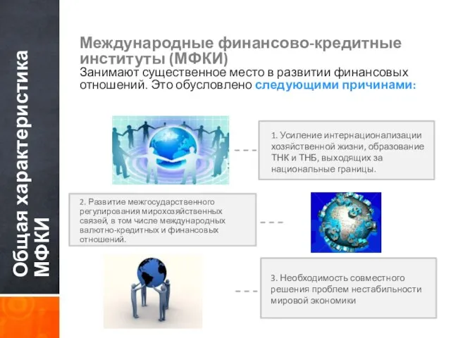 Общая характеристика МФКИ Международные финансово-кредитные институты (МФКИ) Занимают существенное место в