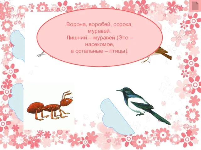 Ворона, воробей, сорока, муравей. Лишний – муравей.(Это – насекомое, а остальные – птицы).