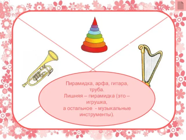 Пирамидка, арфа, гитара, труба. Лишняя – пирамидка (это – игрушка, а остальное - музыкальные инструменты).