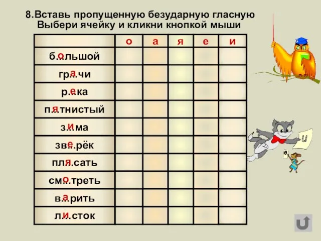 8.Вставь пропущенную безударную гласную б...льшой гр...чи р...ка п...тнистый з...ма зв...рёк пл...сать