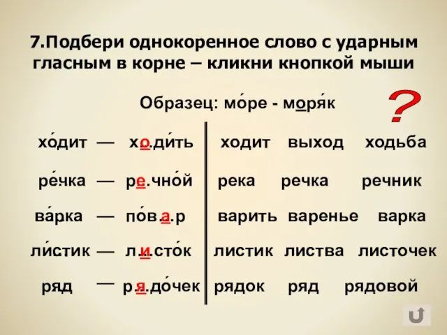 7.Подбери однокоренное слово с ударным гласным в корне – кликни кнопкой