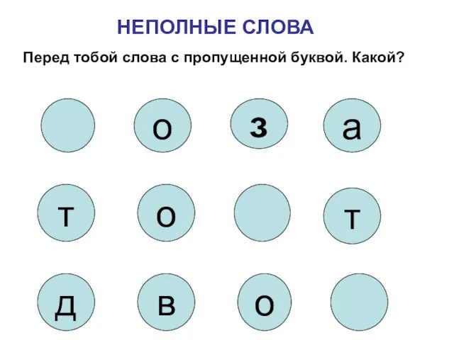 НЕПОЛНЫЕ СЛОВА Перед тобой слова с пропущенной буквой. Какой? о з