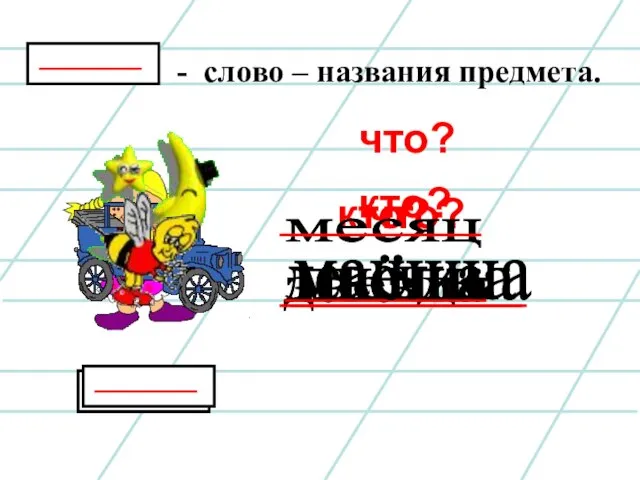 - слово – названия предмета. девочка кто? машина что? месяц звезда что? пчёлка кто?