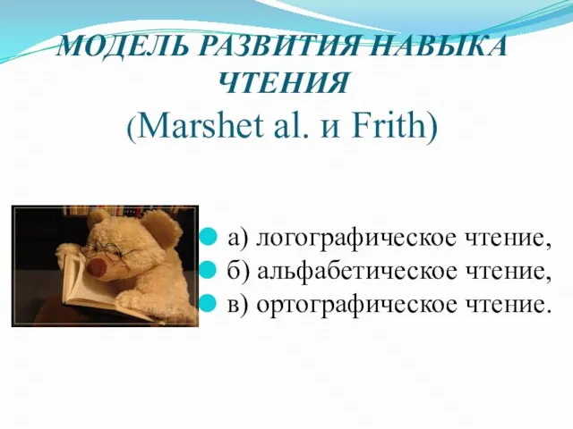 Модель развития навыка чтения (Marshet al. и Frith) а) логографическое чтение,