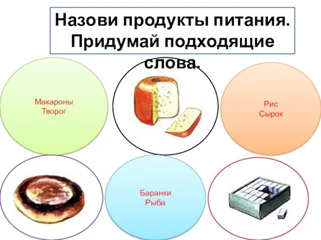 Макароны Творог Баранки Рыба Рис Сырок Назови продукты питания. Придумай подходящие слова.