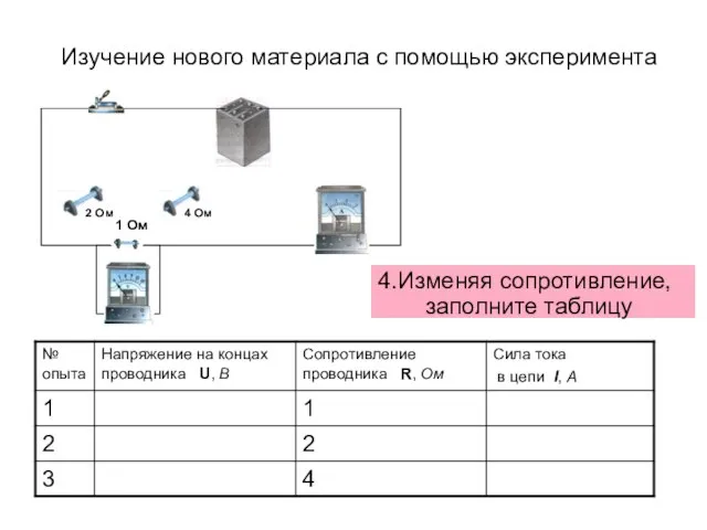 4.Изменяя сопротивление, заполните таблицу Изучение нового материала с помощью эксперимента