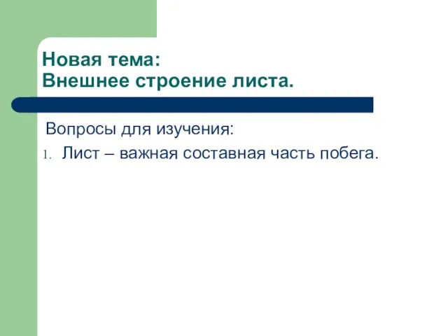 Новая тема: Внешнее строение листа. Вопросы для изучения: Лист – важная составная часть побега.