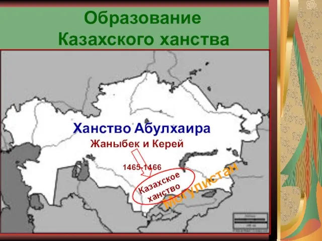 Образование Казахского ханства Ханство Абулхаира Могулистан Казахское ханство 1465-1466 Жаныбек и Керей