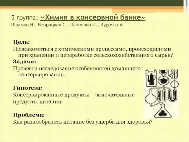 5 группа: «Химия в консервной банке» Шрамко Н., Веприцкая С., Панченко
