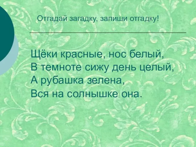 Щёки красные, нос белый, В темноте сижу день целый, А рубашка