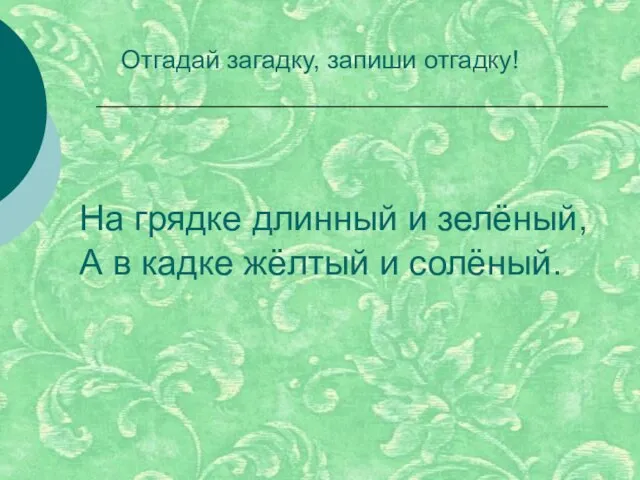 На грядке длинный и зелёный, А в кадке жёлтый и солёный. Отгадай загадку, запиши отгадку!