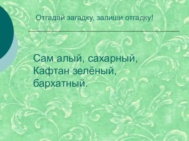 Сам алый, сахарный, Кафтан зелёный, бархатный. Отгадай загадку, запиши отгадку!