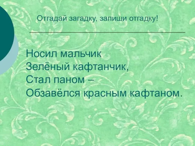 Носил мальчик Зелёный кафтанчик, Стал паном – Обзавёлся красным кафтаном. Отгадай загадку, запиши отгадку!