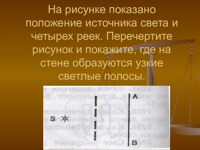 На рисунке показано положение источника света и четырех реек. Перечертите рисунок