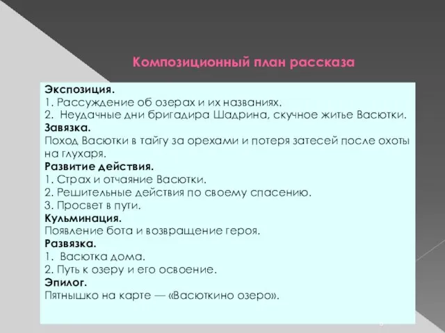 Композиционный план рассказа Экспозиция. 1. Рассуждение об озерах и их названиях.