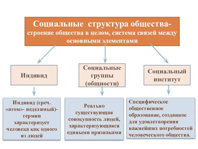 Социальные структура общества- строение общества в целом, система связей между основными