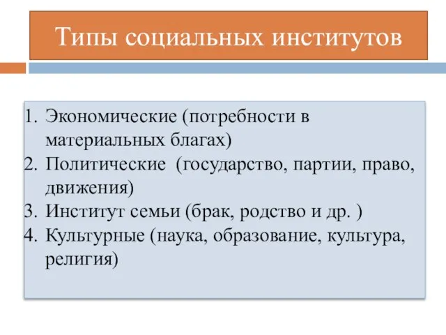 Типы социальных институтов Экономические (потребности в материальных благах) Политические (государство, партии,