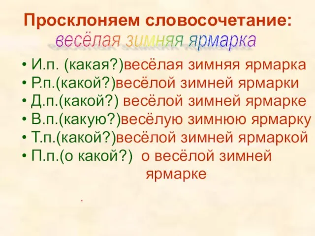 Просклоняем словосочетание: И.п. (какая?)весёлая зимняя ярмарка Р.п.(какой?)весёлой зимней ярмарки Д.п.(какой?) весёлой