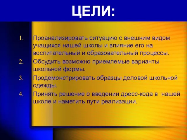 ЦЕЛИ: Проанализировать ситуацию с внешним видом учащихся нашей школы и влияние