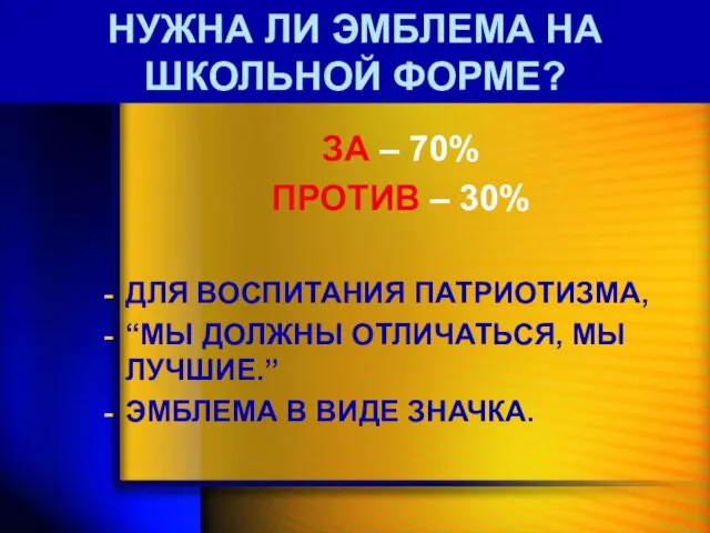 НУЖНА ЛИ ЭМБЛЕМА НА ШКОЛЬНОЙ ФОРМЕ? ЗА – 70% ПРОТИВ –