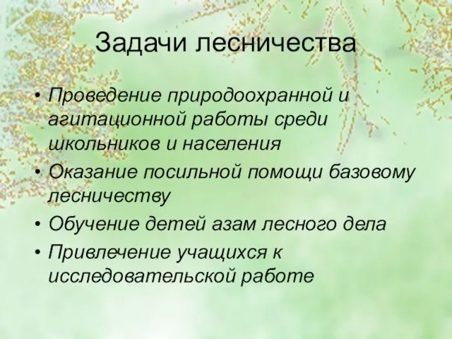 Задачи лесничества Проведение природоохранной и агитационной работы среди школьников и населения