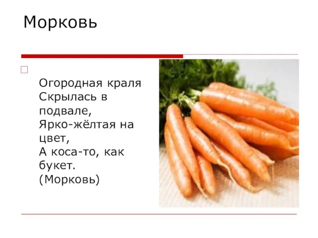 Морковь Огородная краля Скрылась в подвале, Ярко-жёлтая на цвет, А коса-то, как букет. (Морковь)