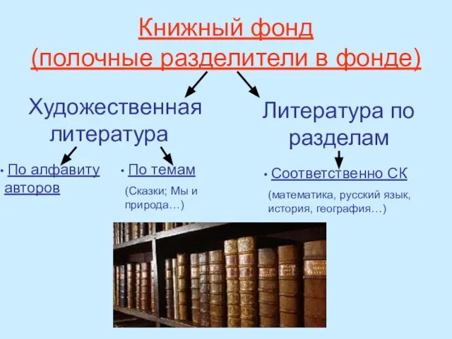 Книжный фонд (полочные разделители в фонде) Художественная литература Литература по разделам