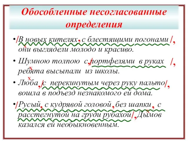 Обособленные несогласованные определения В новых кителях с блестящими погонами они выглядели