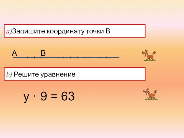 А В a)Запишите координату точки В b) Решите уравнение у · 9 = 63