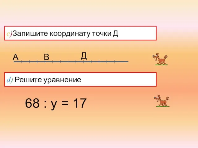 А В c)Запишите координату точки Д d) Решите уравнение 68 : у = 17 Д