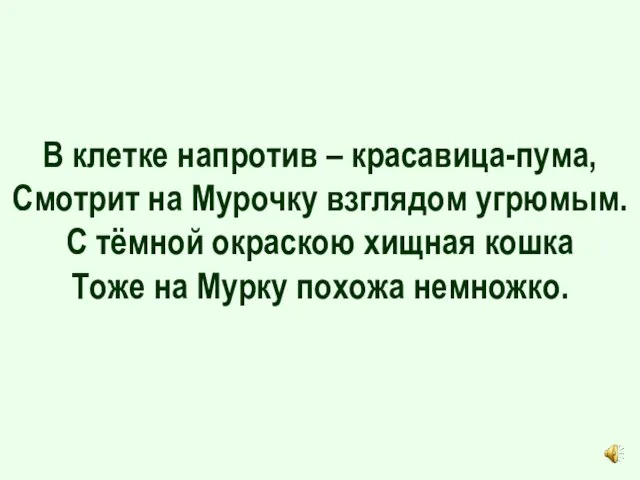 В клетке напротив – красавица-пума, Смотрит на Мурочку взглядом угрюмым. С