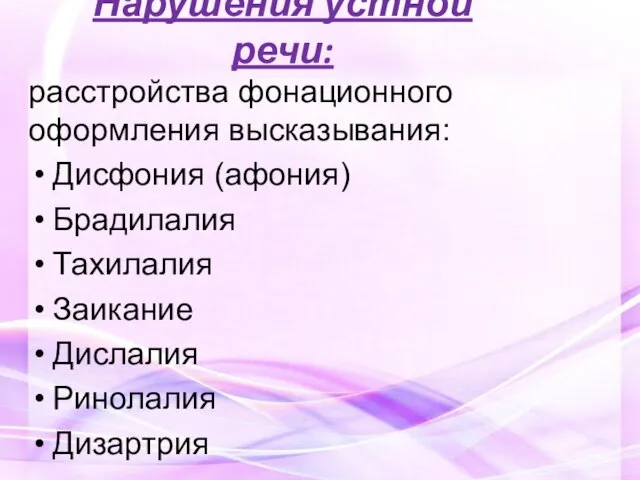 Нарушения устной речи: расстройства фонационного оформления высказывания: Дисфония (афония) Брадилалия Тахилалия Заикание Дислалия Ринолалия Дизартрия