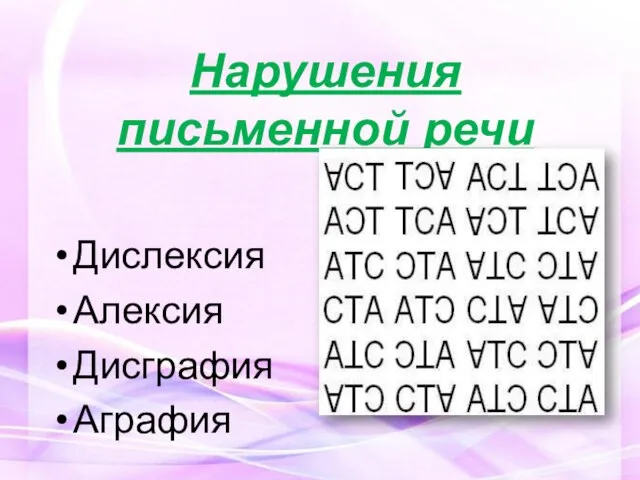 Нарушения письменной речи Дислексия Алексия Дисграфия Аграфия