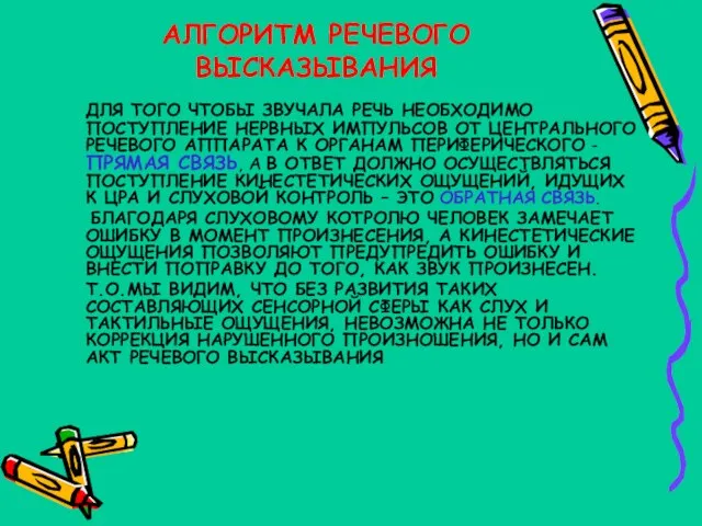 АЛГОРИТМ РЕЧЕВОГО ВЫСКАЗЫВАНИЯ ДЛЯ ТОГО ЧТОБЫ ЗВУЧАЛА РЕЧЬ НЕОБХОДИМО ПОСТУПЛЕНИЕ НЕРВНЫХ