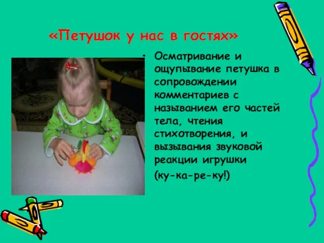 «Петушок у нас в гостях» Осматривание и ощупывание петушка в сопровождении