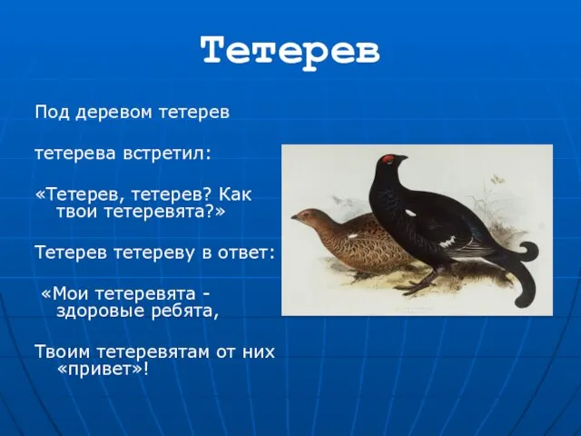 Тетерев Под деревом тетерев тетерева встретил: «Тетерев, тетерев? Как твои тетеревята?»