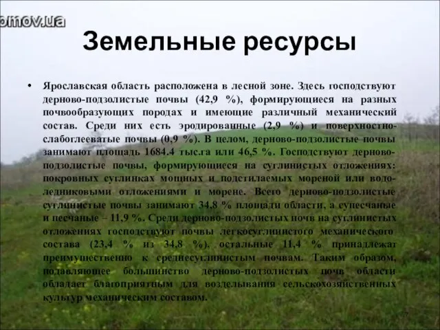 Земельные ресурсы Ярославская область расположена в лесной зоне. Здесь господствуют дерново-подзолистые