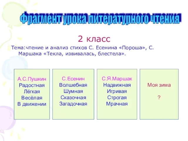 2 класс Тема:чтение и анализ стихов С. Есенина «Пороша», С. Маршака