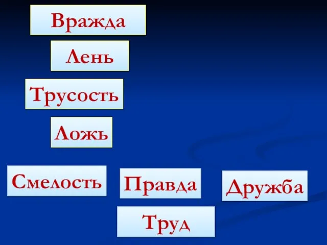 Труд Смелость Вражда Лень Правда Дружба Трусость Ложь